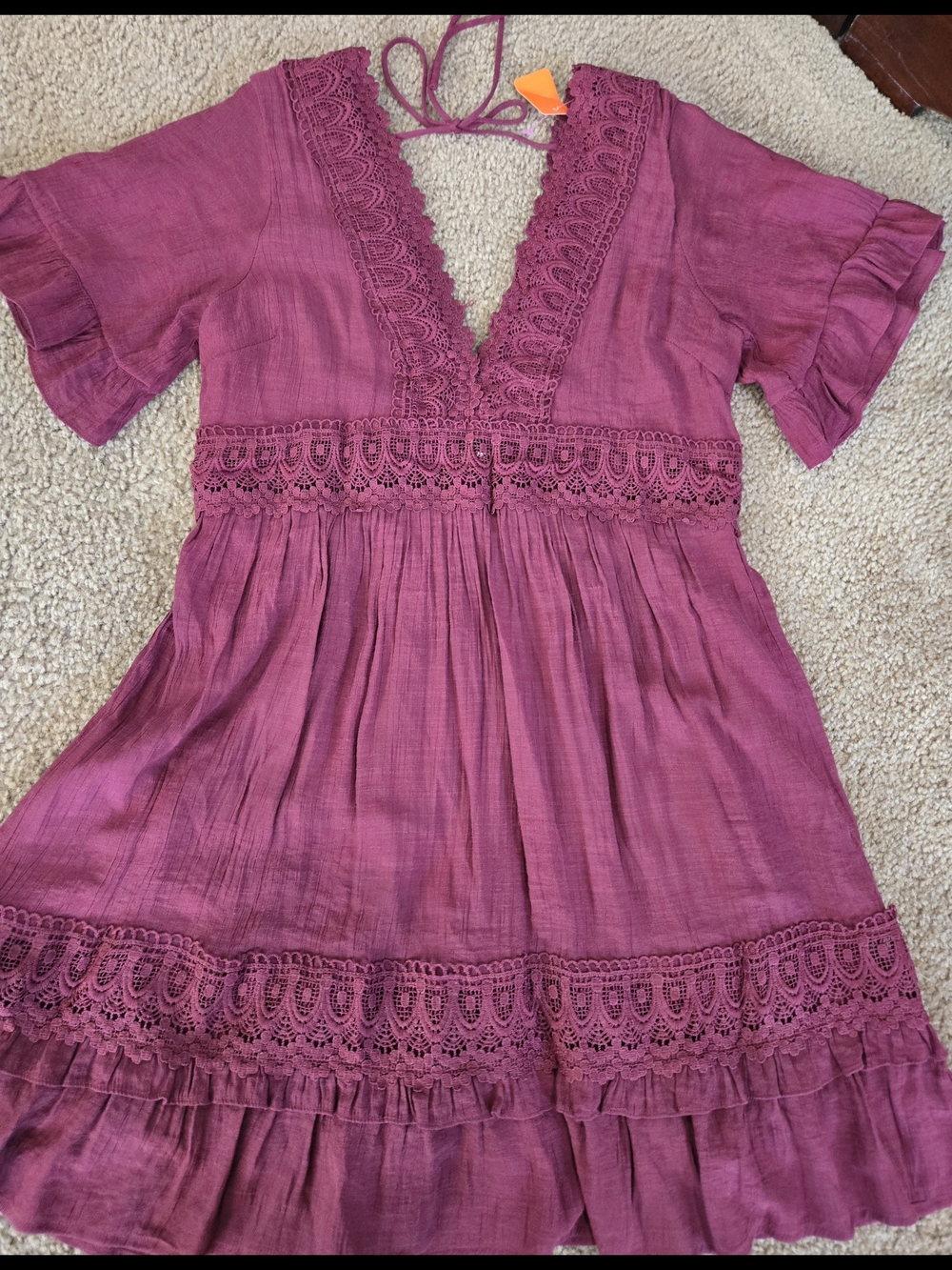 Magenta Crochet-Trim V-Neck Boho Dress
